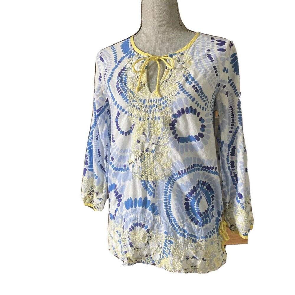KAS DESIGNS boho peasant blouse tunic top blue yellow embroidery size S